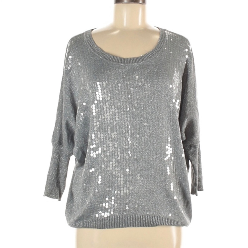 Grey Sequin Sparkly 3/4 Dolman Sleeve Blouse ❤️